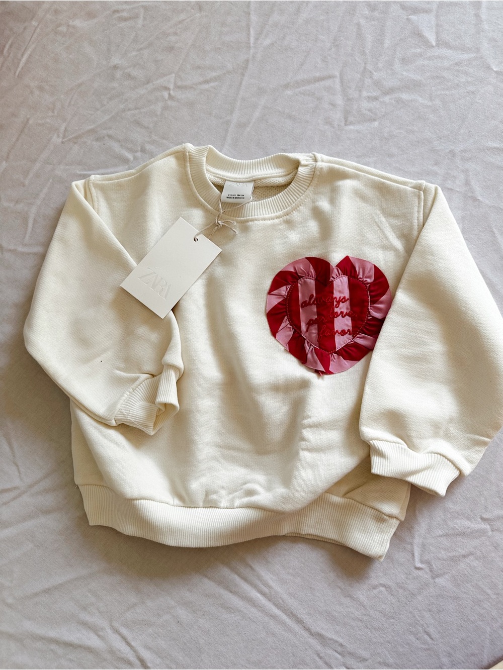 Zara Cream Crewneck Sweater with Red Heart Patch